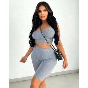 Gray Sleeveless Crop Top and High Waist Biker Shorts Two Piece Set
